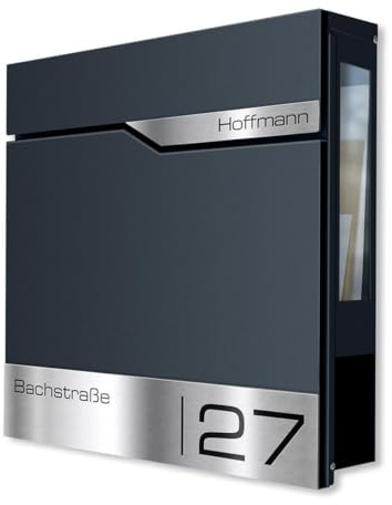 Metzler Siebert SF - Buzón de Pared con Ventana y Compartimento para periódicos, Color Antracita con Placa para el Nombre, de Acero Inoxidable Personalizado con Grabado láser, buzón Impermeable con