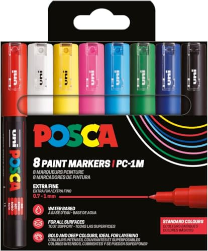 POSCA 186758 POSCA-märkpenna set, 8 akrylpennor PC-1MC, permanent märkpenna, 0,7-1 mm rund spets