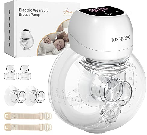 KISSBOBO Electric Breast Pump, Wearable Breast Pump Hands Free Portable,4 Modes 12 Levels with LED Dispaly, Low Noise Painless Rechargeable Wireless Electrical W/ 21/24MM Flanges(White 1PCS)