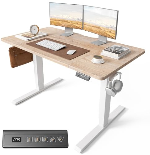 Cubiker Electric Standing Desk 120 x 60 cm, Height Adjustable Sit Stand Desk with Memory Presets, Home Office Computer Desk, White Frame with Oak Top