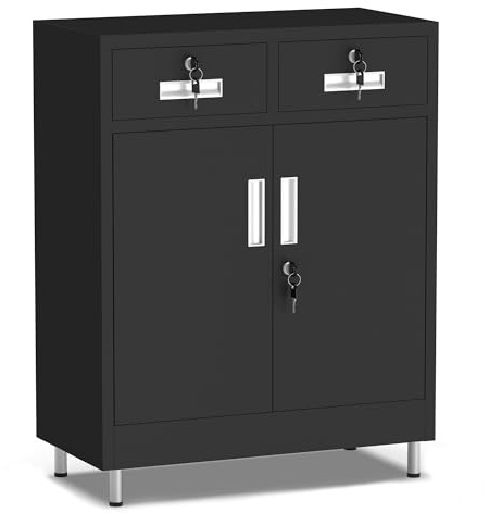 JINGUR Metal Storage Cabinet with Locking Doors and 2 Drawers (Black) | Lockable Storage Cupboard with Adjustable Shelf and Adjustable Feet for Home Office Garage Entryway Pantry