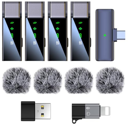 ZERFUN 4 Pack Wireless Lavalier Microphone for iPhone Android Phone Pad PC