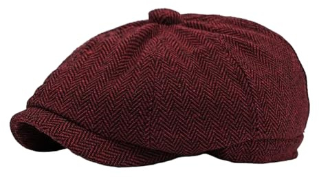 NLAND Unisex Flat Cap Newsboy Hat Plate Hat 8 Panel Beret Cap Herringbone Tweed Retro Baker Boy Hat Gatsby Cap, Burgundy red, One Size