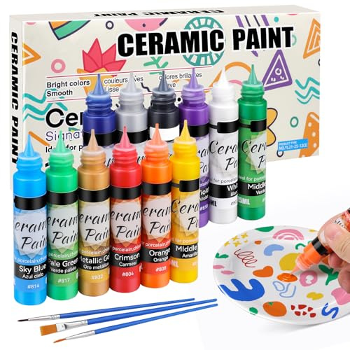 Teokantz Juego de pintura para porcelana, 12 x 25 ml, pintura para vidrio y porcelana a base de agua, pinturas cerámicas para hornear, pintura de cerámica para el hogar para tazas, platos, tazas de