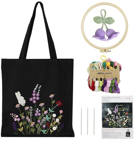 DRADERCH Sticken Set Canvas Tragetasche,Stickset für Anfänger,Canvas Handtasche Stick Sticken Erwachsene mit Blumenmuster,mit Werkzeugen und Anleitungen, Perfekt für Anfänger und Bastelfreunde