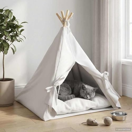 GeenYuu Tipi per animali domestici con cuscino, bianco, 60 x 60 x 70 cm, telaio in legno di pino, interno pieghevole, con corde di legatura, comodo posto per dormire per gatti e gattini