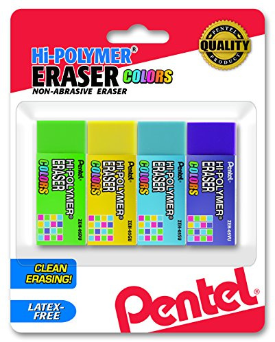 Pentel Hi-Polymer Block Eraser Small, Assorted Colors, Pack of 4 (ZEH05CRBP4M)