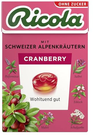 Ricola Cranberry, 50g Böxli Original Schweizer Kräuter-Bonbons mit 13 Alpenkräutern & fruchtig-erfrischender Cranberry, zuckerfrei, 1 x 50g, vegan