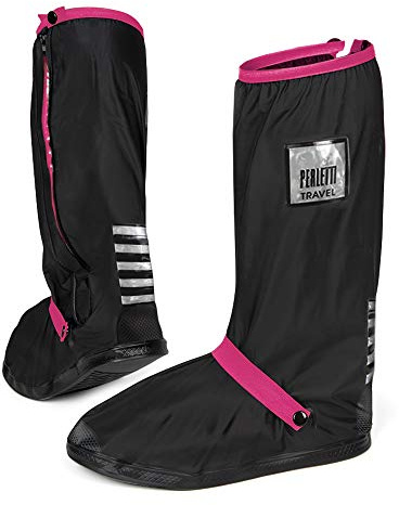 PERLETTI Couvre Chaussures Noirs Imperméables Résistants Réutilisables - Surchaussures Étanches Pluie Neige Boue - Détails Réfléchissants Semelle Antidérapante Renforcée (XS (33/35 EU), Fushia)