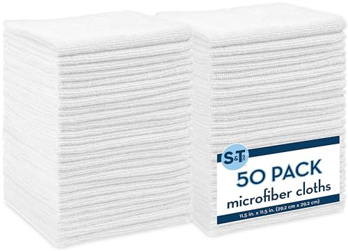 S&T INC. 50 Pack Microfiber Cleaning Cloth, Bulk Microfiber Towel for Home, Reusable and Lint Free Cloth Towels for Car, White, 11.5 Inch x 11.5 Inch, 50 Count