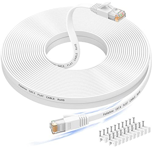 Folishine 60 ft Ethernet Cable, Cat 6e/Cat 6 Long Internet Cable with Snagless Rj45 Connector, High Speed Patch Cord Than Cat 5e/Cat 5, Flat White Shielded LAN Cable for Network Switch, PS4 and Modem