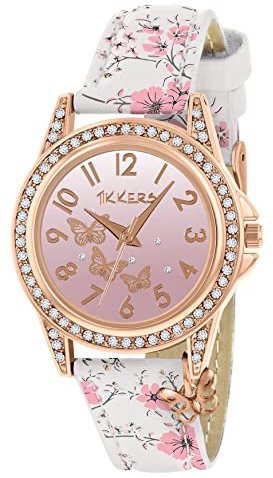 Tikkers Rose Gold Case Flower Printed Butterfly Charm Watch - NTK0029