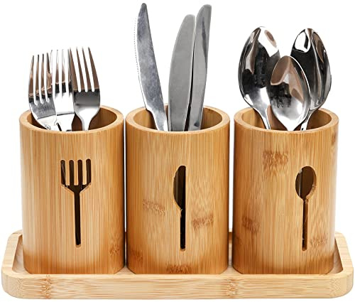 Lyellfe Bamboo Silverware Caddy Holder, Flatware Utensil Caddy with Tray, Rustic Farmhouse Kitchen Cutlery Holder Organizer for Spoons, Knives and Forks, Ideal for Kitchen and Restaurant