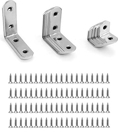 QWORK® 28 piezas soportes de esquina , 90 grado soportes de ángulo , acero inoxidable , 16x20 mm , 16x40 mm , 16x50 mm , soportes en forma de L para fijación de muebles
