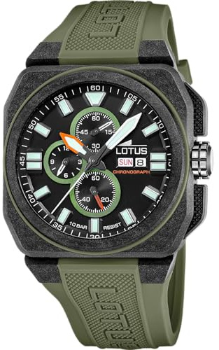 Lotus Herrklocka 18976/1 Chrono kolfiber fodral svart gummiband grön, Svart, rem