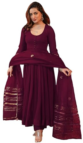 GoSriKi Anarkali Women's Plain Rayon Blend Kurta with Trousers and Dupatta, Wine, M