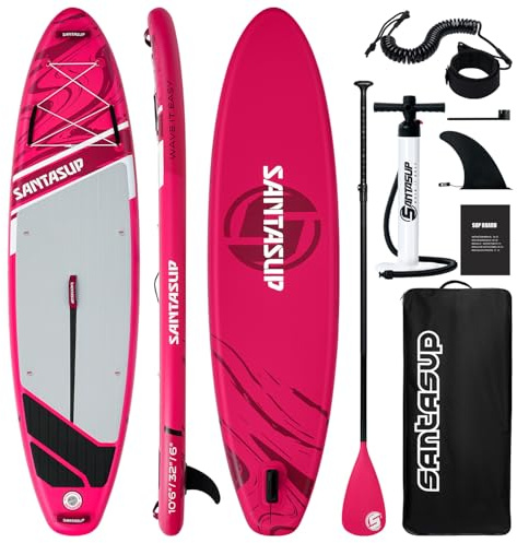 Santasup Rosa Aufblasbares Paddle Board für Erwachsene, 3.0 m Yoga Stand Up Paddle Board, Sup Board mit Zubehör, Rutschfestes Deck, Reiserucksack Breiter Stand