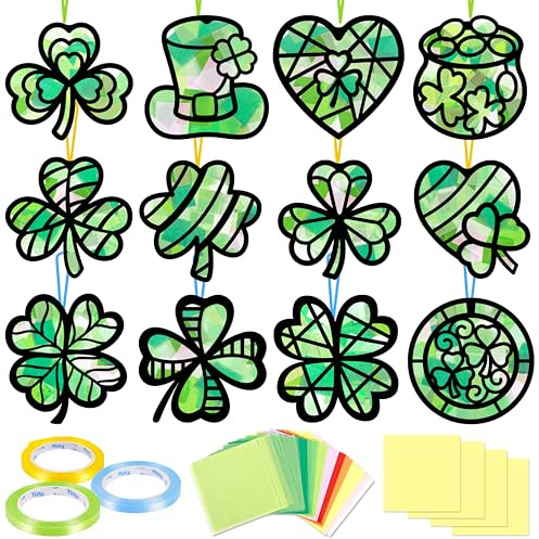 Renbuzhu 40PCS St. Patricks Day Crafts Bulk: Paper Shamrock Suncatchers, Saint Patrick's DIY Kits, Window Stained Glass Effect Art Supplies