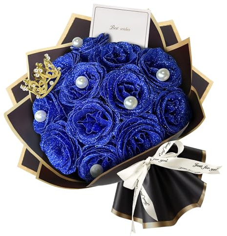 12pcs Blue Glitter Roses Bouquet,DIY Artificial Flower Bouquet Kit with Fake 6 pearls flower wrapping papers,Stems Cards for Gifts Valentine's Day, Anniversary, Birthday, Wedding, Graduations