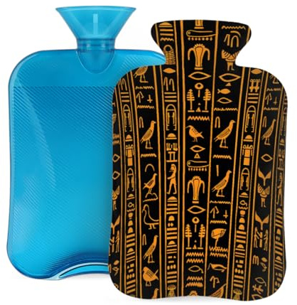 Mexpekil Bolsa de agua caliente con diseño de jeroglíficos egipcios antiguos con funda, bolsa de agua caliente de PVC de 2 litros para aliviar el dolor, pies, espalda, calor