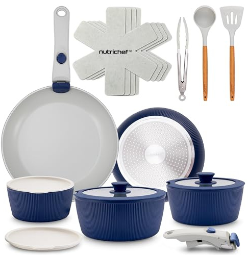 NutriChef Ensemble d'Ustensiles de Cuisine en Céramique de 18 Pièces avec Poignées Détachables, Casseroles et Poêles Antiadhésives, Revêtement Céramique Naturel sans PTFE, Design Gain de Place