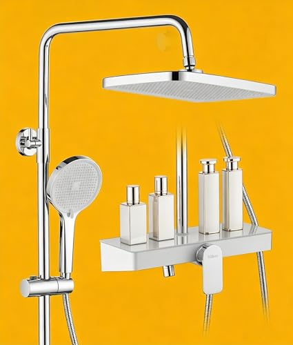 Süßren Columna Ducha Con Grifo Mezclador de Ducha Regulable En Altura Y Juego Completo de Accesorios,Cabezal de Ducha Giratorio 360°,Cabezal de Ducha de Mano, Estante de Cristal de 35×14 cm（Negro）