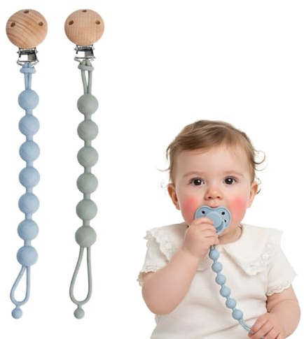 Uppsättning av 2 nappkedjor, silikonnappband med klämma, anti-drop, nappkedja för unisex, haklapp (sage+ether)