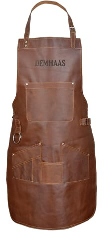 DEMHAAS® Premium Grillschürze aus Echtleder – Handgefertigte Lederschürze für Männer | BBQ-, Grill- & Kochschürze mit Taschen | Verstellbare Riemen | Vintage Braun (Braun)