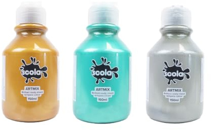 Metallic Poster Paints Set of 3 x 150ml – Green Gold Silver Colours Non Toxic Ready Mixed Tempera Paint for Kids Arts and Crafts School Classroom Eco Friendly Bottles Safe Washable Children Painting