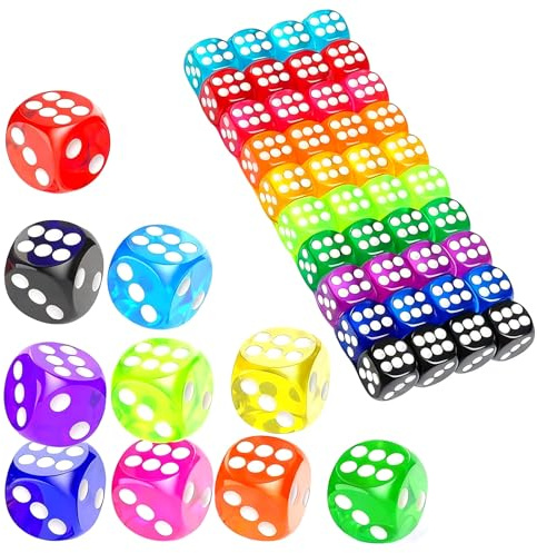 6-sided Board Game Dice Set, 50 Pcs 14mm 10 Transparent Colorful Acrylic Standard Games Dices for Party, Funny Table Top Game Accessories for adults entertainment