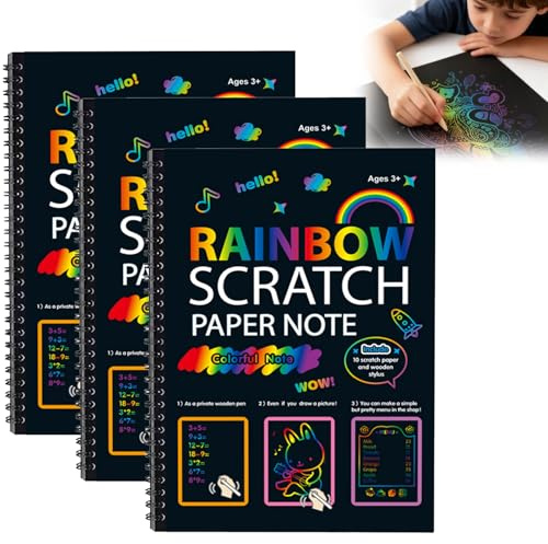 Rainbow Scratch Art for Kids, Rainbow Scratch Paper Crafts Note for Age 3-10, Arts and Crafts for Kids, Art Set for 6-12, Christmas Birthday Presents for Boys Girls Age 5-10 (3PCS)