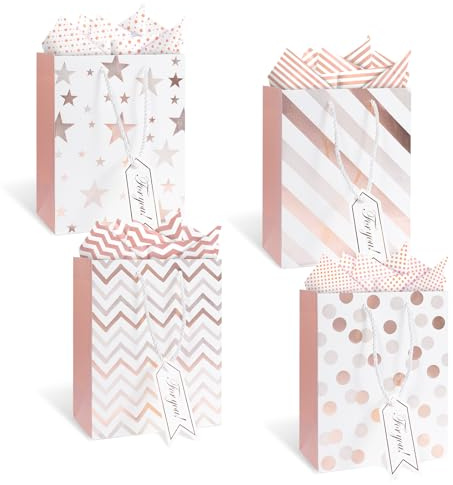 4 Stück Geschenktüten Rosegold, 23x18x10cm Geschenktüten mit Henkel | Geschenktüte mit Schleifenbändern Geburtstag, Geschenktüte 4 Muster für Geschenke Einkaufen Party Hochzeit