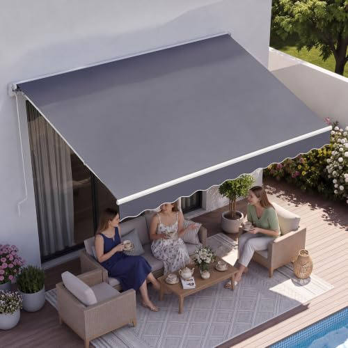 VEVOR Manual Retractable Awning, 8.2' x 6.6' Outdoor Patio Awning Retractable Sun Shade, Patio Door Window Water-Resistant Polyester Sunshade Shelter with Crank Handle for Deck, Balcony, Yard, Gray