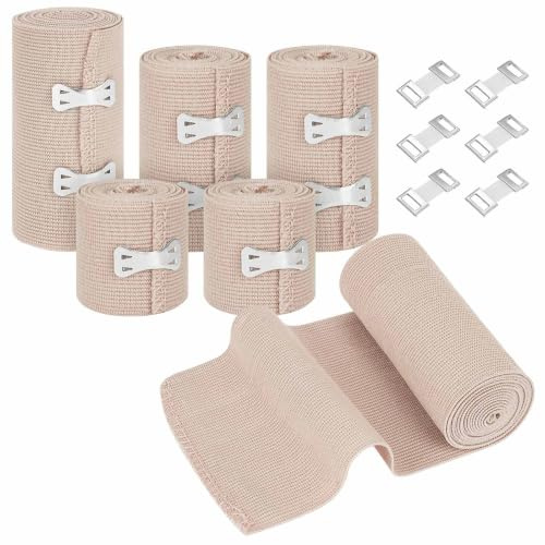Fefod 6 stycken Elastiska bandage med 16 metalliska klämmor (5 cm 7,5 cm 10 cm*4,5 m) | Sportbandage universellt bandage kompressionsbinda elastiskt band, sträckt fixeringsbindel för ankelstöd armben eller