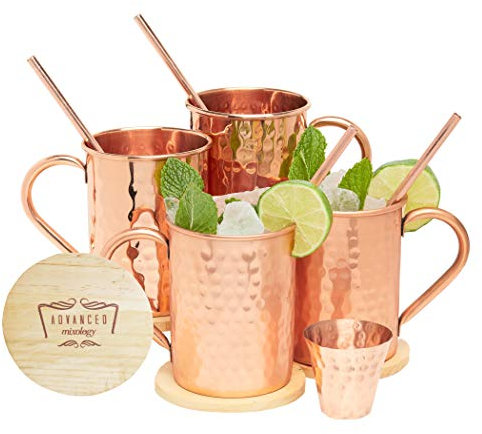 Advanced Mixology Moscow Mule Straight Copper Mugs Set of 2 (16oz) – Pure Copper with Food-Grade Lacquer | Includes 2 Straws, 2 Wooden Coasters & Shot Glass | Hammered Finish Barware Gift Set