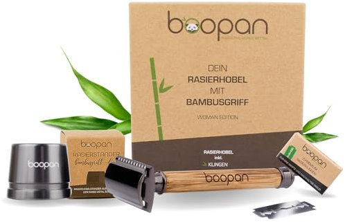 boopan® Premium RASIERHOBEL Damen mit Ständer und Griff aus Bambus nachhaltig inkl. 5 Rasierklingen - Rasierer Set für eine sichere und sanfte Rasur - geschlossener Kamm inkl. eBook