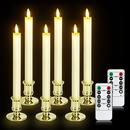 YMing 6 Velas Cónicas Sin Llama con Portavelas, 2 Piezas Temporizador de Control Remoto LED Velas de Pilar con Pilas Cera Real para Decoración de Halloween, Boda, Mesa, Hogar, Decoración Navideña