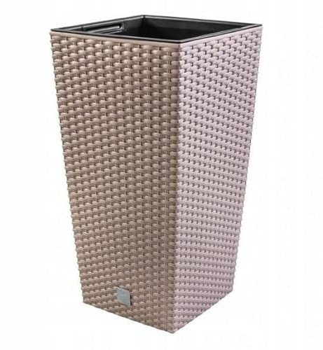 R.G. Blumenkübel Pflanztopf Breite 29x29cm Wetterfester Balkonkasten Kunststoff Blumentopf Pflanzkübel H 55cm Blumenkasten DRTS Rattan Optik mit Einsatz (Beige)