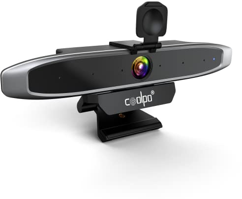 COOLPO Videokonferenskamera 4K webbkamera, smart gestkontrollfokus, AI automatisk inramning med 110° räv, brusreducering och eko-annullering 6 mikrofoner, för videokonferensströmning, med skydd