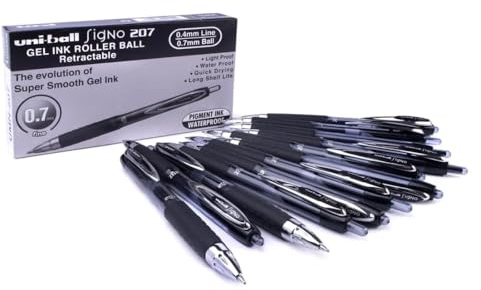 uni-ball - Boîte de 12 stylos roller gel rétractable Signo 207 Encre Noire - Stylo rétractable - Pointe moyenne 0.7 mm - Écriture fluide et sécurisée - Mitsubishi Pencil