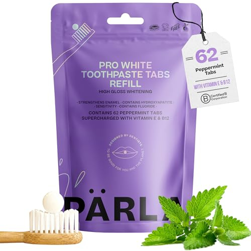 PÄRLA PRO Whitening Toothpaste Tablets with Fluoride & Hydroxyapatite - Enamel Protection for Sensitive Teeth - with Vitamins B12 & E - Refill 62s