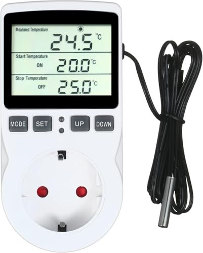Weytoll Digitaler Temperaturregler Hermostat Timer Steckdose Heizung Kühlung 220V Temperaturdetektor LCD-Bildschirm für Gewächshaus, Aquarium, Terrarium, Reptilien, Steckdosen mit fühler Steckdose