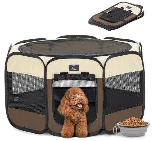 A 4 Pet Welpenauslauf Faltbar Welpenlaufstall für Hunde Katzen Tierlaufstall für Hundelaufstall mit Reisverschluss Oben Pop-Up Design Indoor & Outdoor Hundehütte für Wohnung, mit Klappbarem Napf
