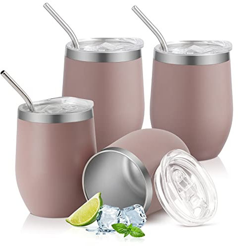 4er-Set Weingläser Edelstahl, 350 ml Weinbecher mit Deckel und Strohhalm, Vakuumisolierter Tasse, Doppelwandige Isolierter Reisebecher, Geeignet für Milch, Kaffee, Bier, Champagner, Cocktails, Camping