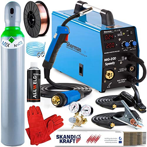 ALLWELD Sherman MIG 200 Speedy - 3 in 1 Inverter MIG MAG Schweißgerät mit Schutzgas, Fülldraht Schweißgerät und Elektroden Schweißgerät (MMA) - IGBT Technologie - Set:Professional
