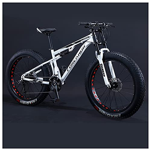 REOTEL Mountain Bikes Men 26 Inch Adult Fat Tyre Mountain Bike with Full Suspension, High-carbon Steel Large Frame Dual Disc Brake Giant Bicycle,White Spoke,21 Speed