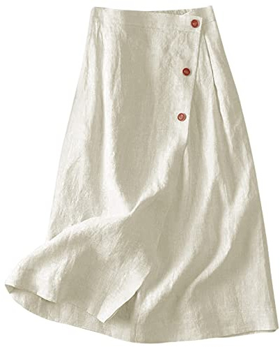 Linen Skirt for Women Back Elastic Waist Midi Skirt Diagonal Casual Button A Line Skirt Ladies Boho Solid Color Skirt Summer Swing Flowy Skirt Wrap Skirt