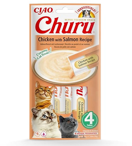 INABA Churu Püree Katzensnacks - Katzenpaste zum Füttern aus der Hand - Katzensticks mit Huhn & Lachs - 4 Sticks x 14 g