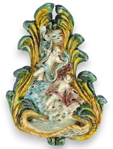 SICILIA BEDDA CAPACI Bénitier en céramique de Caltagirone - Environ 27 x 18 cm de Haut, orné de chérubins sur Fond Jaune-Vert