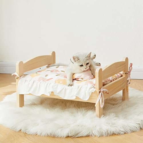 Yolancity Katzenbett für Haushalt, 79 x 55 x 30cm Katzenschlafplatz Holz für Kleine Katzen/Hunde, Süßes Katzenbett Kuschelbett Hund mit Baumwollbettwäsche und Dem Kissen, Tragfähigkeit: ＜12.5kg